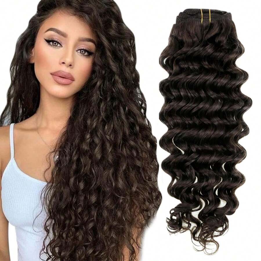 Curly Hair Extensions Clip In Human Hair Deep Water Wave Clip In Extensions Water Wavy Clip In Hair Extensions Human Hair  Dark Brown 16 Inch 8Pcs 100g