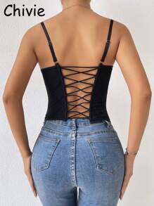 CHIVIE Lace Corset With Straps Without Padding Women's Lace Corset Top - 烏黑 - 查看 5
