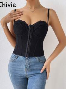 CHIVIE Lace Corset With Straps Without Padding Women's Lace Corset Top - 烏黑 - 查看 3