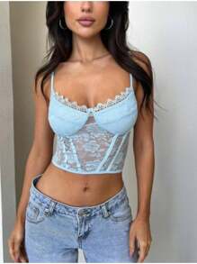 Women's Lace Cami Tops Slim Fit V Neck See Through Backless Lace Flower Spaghetti Strap Crop Tops For Party Club Cocktail - 藍色 - 查看 2