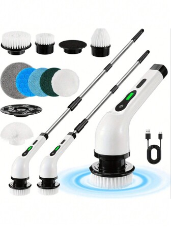 Electric Cleaning Brush, Electric Rotating Floor Scrubber, Wireless Electric Rotating Floor Scrubber, Replaceable 9 Brush Heads And Adjustable Extended Handle, 250/400RPM Dual Speed Adjustment, 360 Cordless Cleaning Brush, Suitable For Bathroom, Bathtub, Ceramic Tile, Cleaning Products, 90-120 Minutes Running Time,Kitchen,Bathroom,Home,Household Suppliers