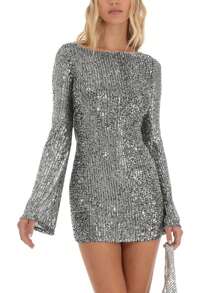 Women Mini Bodycon Dress Sequins Long Sleeve Tie-Up Backless Cocktail Dress Spring Fall Party Dress - 銀灰色 - 查看 4