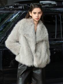 HH Faux Fur Jacket For Women Elegant Solid Lapel Long Sleeve Coat Casual Loose Female Winter Oversize Lady Chic Streetwear Jakcets