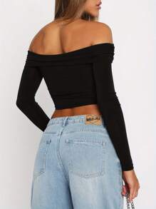 Women's Off-Shoulder Cropped Tops Solid Color Long Sleeve Ruched Show Navel T-Shirts - Black - View 3
