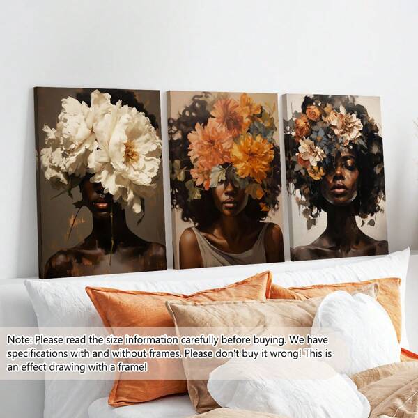 Conjunto de 3 peças de arte em tela de mulheres afro-americanas - à prova d'água, decoração de parede com moldura de madeira para sala de estar, quarto, escritório e muito mais pôsteres, arte de parede, coisas de decoração de quarto