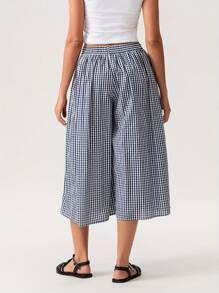Womens Casual Loose  Plaid Capri Culottes Elastic Waistband Wide Leg Side Pocket Trousers For Daily Streetwear - Blue - View 6
