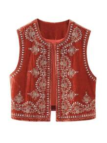 Women Vest, Sleeveless Open Front Embroidery Flower Sequined Outwear Gilet For Casual Street