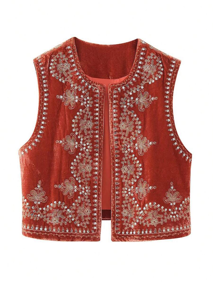 Women Vest, Sleeveless Open Front Embroidery Flower Sequined Outwear Gilet For Casual Street
