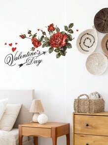 1pc PVC Material Valentine's Day English Letter, Rose Wall Sticker, Living Room Bedroom Holiday Decor Adhesive Wall Art Poster