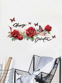 1pc PVC Material Valentine's Day English Letter, Rose Wall Sticker, Living Room Bedroom Holiday Decor Adhesive Wall Art Poster