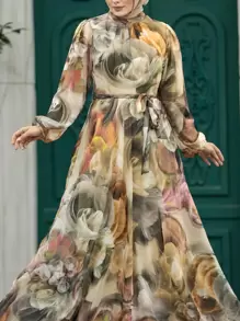 [Middle Eastern Style A-Line Dress] Elegant Women's A-Line Dress | Middle Eastern Style Print, Adjustable Waist Belt, Long Sleeve, Round Neck, Machine Washable | Suitable For Spring, Summer, Autumn, Casual And Formal Occasions, Fashionable Dress, Formal Wear, Waist Decoration, Non-Stretch Fabric Vacation - Earthy Yellow - View 1