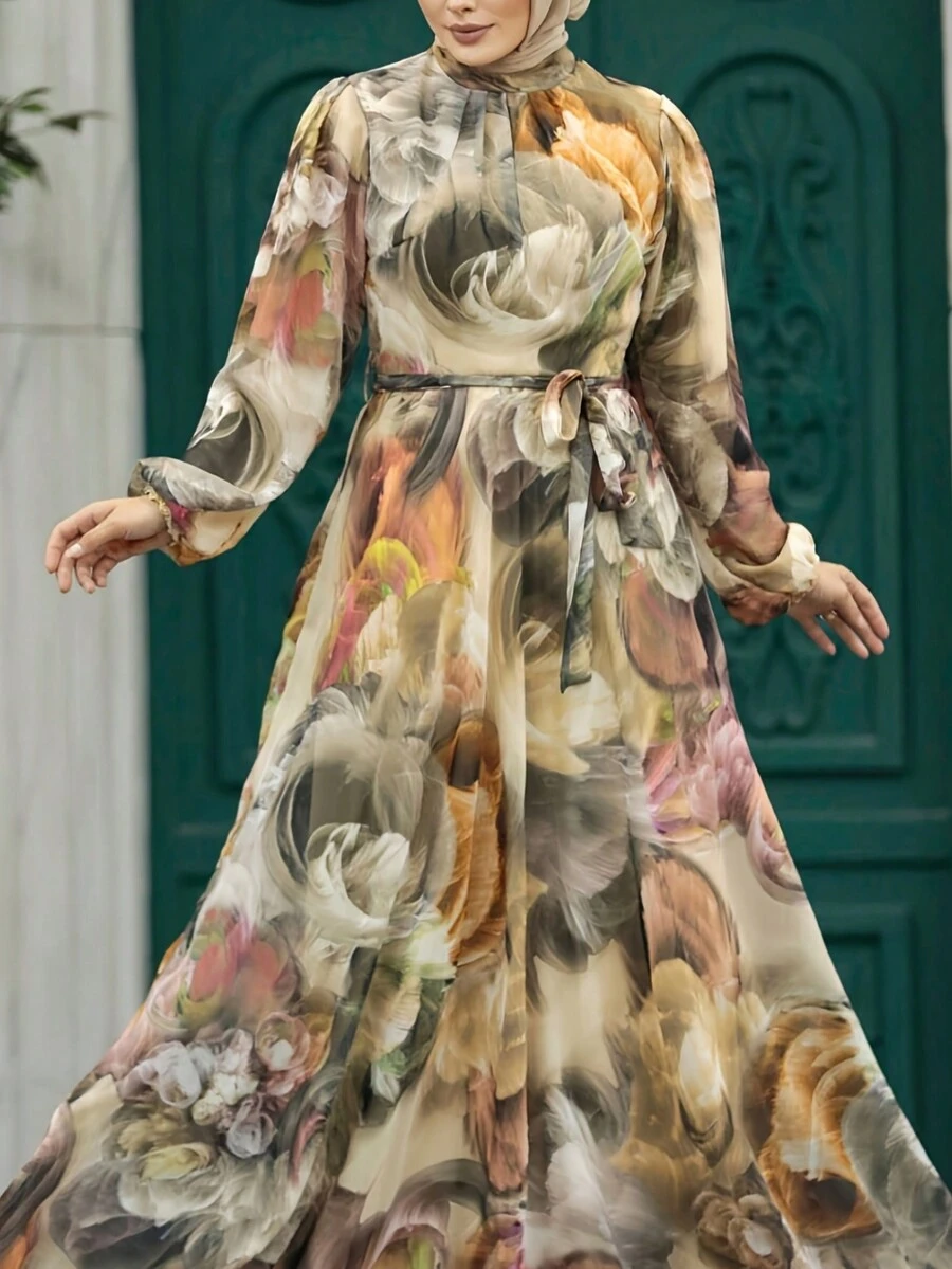 [Middle Eastern Style A-Line Dress] Elegant Women's A-Line Dress | Middle Eastern Style Print, Adjustable Waist Belt, Long Sleeve, Round Neck, Machine Washable | Suitable For Spring, Summer, Autumn, Casual And Formal Occasions, Fashionable Dress, Formal Wear, Waist Decoration, Non-Stretch Fabric Vacation - Earthy Yellow - View 1