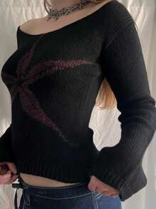 Women Y2k Off Shoulder Sweater Vintage Floral Graphic Long Sleeve Knit Pullover Shirt Slim Going Out Top Streetwear