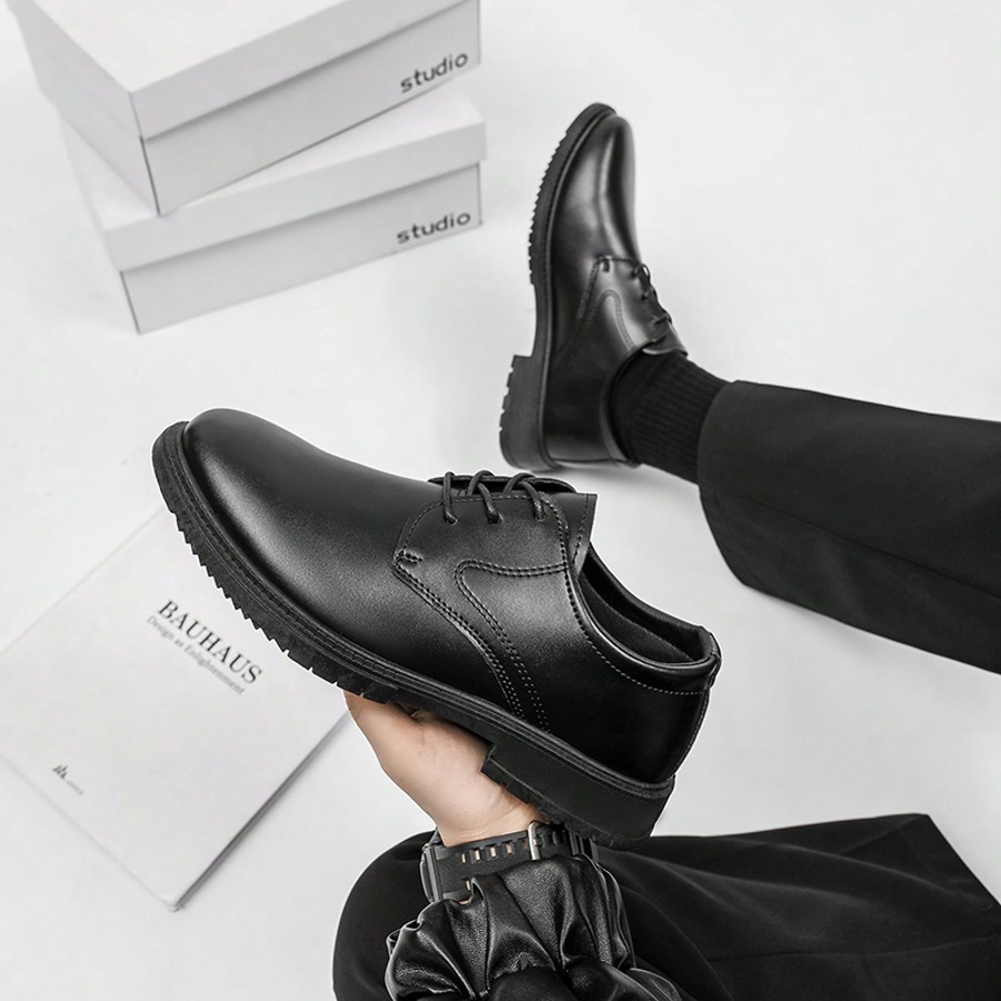 Zapatos de cuero con cordones de primavera, zapatos casuales de trabajo versátiles y resistentes, negros y transpirables para hombres (por favor, pid
