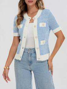 Women's Summer Knit Tops Contrast Color Pearl Button Short Sleeve Round Neck Sweater Cardigans - Sky Blue - View 5