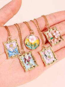 1 pieza Collar colgante de metal esmaltado con pintura de flores coloridas, joyas elegantes y románticas de moda para fiestas para mujeres