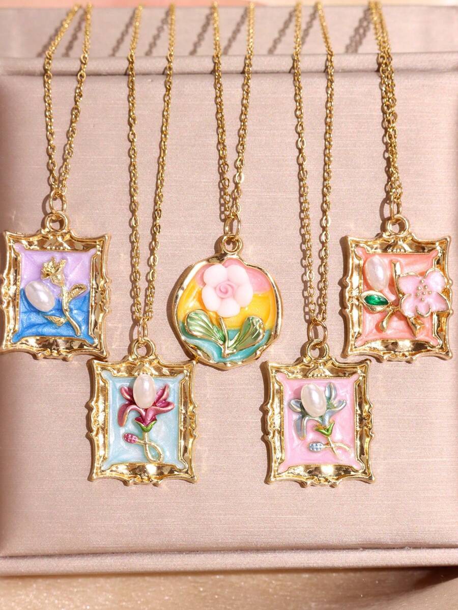1 pieza Collar colgante de metal esmaltado con pintura de flores coloridas, joyas elegantes y románticas de moda para fiestas para mujeres