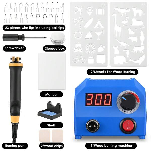 Kit para quemar leña, herramienta para quemar leña, herramienta para quemar leña, puntas para quemar leña, kit de pirografía, kits para quemar leña, bolígrafo para principiantes para adultos, estación 100~700 ℃/212~1292 ℃ Temperatura ajustable con 23 resortes de alambre, voltaje de uso 180/250v