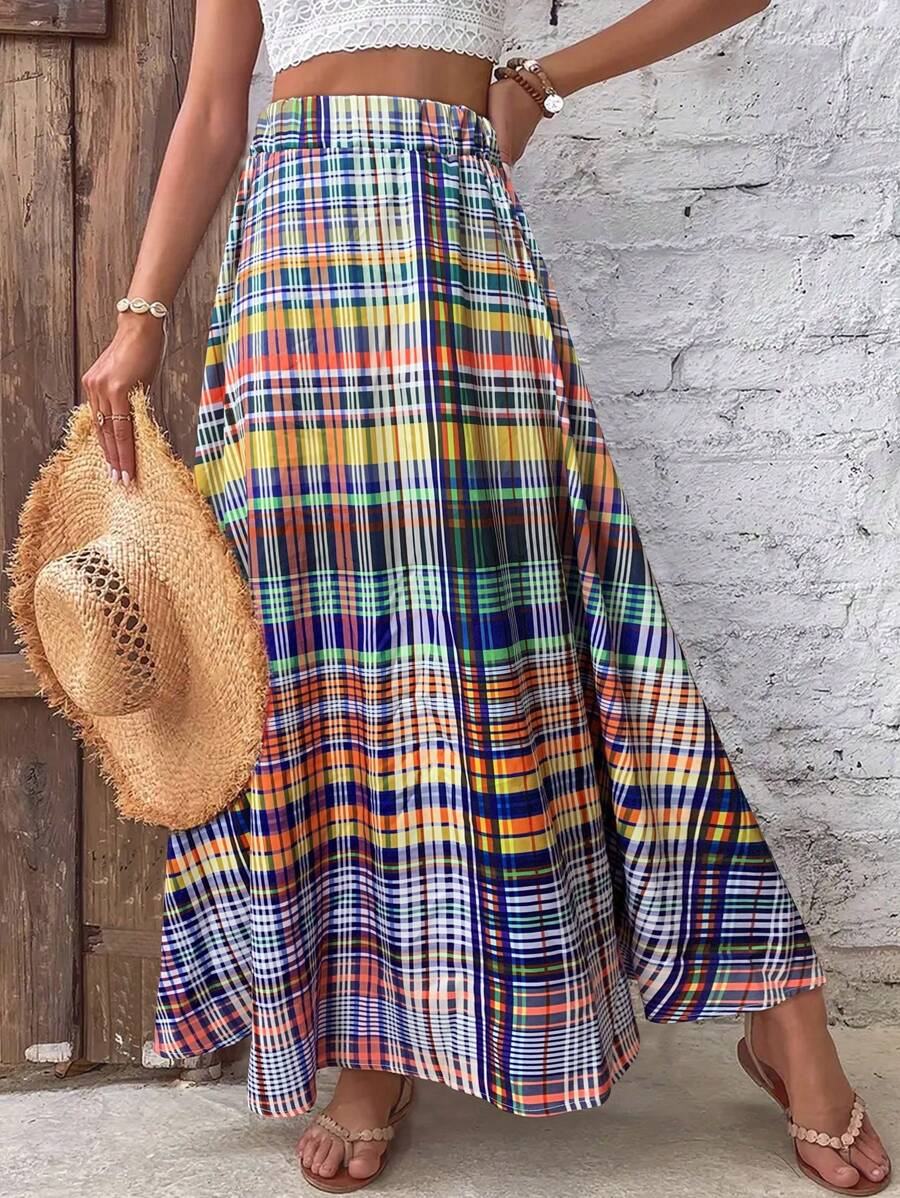 Saia Túnica Xadrez Elegante de Primavera/Verão, Roupa de Praia Casual para Senhoras, Saia Longa Xadrez Fluida Maxi para Mulheres - Saia Envolvente de Férias Casual, Saia Longa de Cintura Alta Estilo Boho Chic, Saia de Praia de Cintura Elástica para Mulheres, Saias Xadrez da Moda para Mulheres