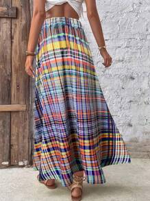 Saia Túnica Xadrez Elegante de Primavera/Verão, Roupa de Praia Casual para Senhoras, Saia Longa Xadrez Fluida Maxi para Mulheres - Saia Envolvente de Férias Casual, Saia Longa de Cintura Alta Estilo Boho Chic, Saia de Praia de Cintura Elástica para Mulheres, Saias Xadrez da Moda para Mulheres