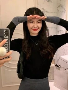 女士基本款拼色简约薄款高领套头衫黑色毛衣秋冬季日常装办公室长袖上衣 - 黑色 - 查看 8