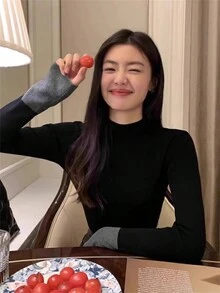 女士基本款拼色简约薄款高领套头衫黑色毛衣秋冬季日常装办公室长袖上衣 - 黑色 - 查看 7