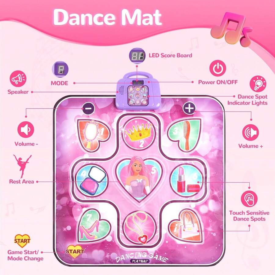 Alfombrilla de baile con tema de princesa para niñas: Alfombrilla de baile de 3 niveles con volumen de música claro, ajustable, 9 indicadores LED y sensible y resistente al agua, juguete resistente para que las niñas bailen