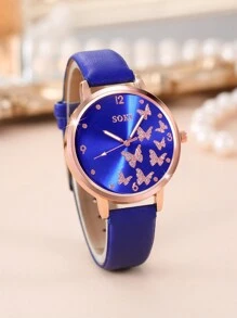 SOKI SOKI Bộ trang sức gồm đồng hồ thạch anh nữ, dây chuyền mặt hình bướm và trái tim, bông tai và vòng tay, thích hợp để đeo hàng ngày, làm quà sinh nhật, quà tựu trường, quà Lễ Tạ ơn, quà tặng cho các cặp đôi (không bao gồm hộp quà). - Màu xanh lam - Xem 7