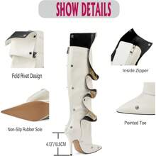 Choiran Botas de tacón de aguja estilo vaquero con punta afilada, diseño plegable hasta la rodilla, con remaches y pliegues para mujer en color blanco - Blanco - Ver 5