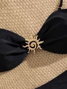 新盛源 2 件套新年、情人节服装，优雅黑色比基尼套装，女士款，正面系带细肩带，侧边系带可调节泳裤，可拆卸泳衣胸垫，节日服装，女士泳装，假日搭配服装，夏季阳光沙滩服装，冬季温泉泳衣泳裤。 - 黑色 - 查看 4