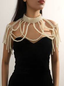 1pc Elegant Handmade Multi-Layer Luxury (Simulated) Faux Pearl Tassel Body Chain, Suitable For Wedding, Party, Evening Dress, Adjustable Length Jewelry Accessory For Women, Summer - STL2003 - View 2