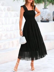 Women's Summer Mid-Length Dress Casual Sleeveless Pleats Ruffled Tulle Flowing New Year Party Wedding Guest Sundress - Black - View 3