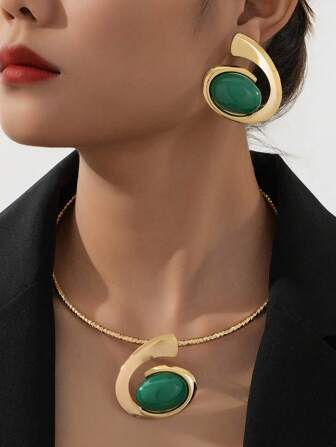 1 Set Exaggerated European And American Geometric Rhinestone Inlaid Earrings And Necklace Jewelry Set, Suitable For Banquets, Festivals, And Gifts