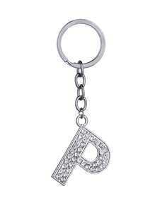 1pc Unisex New Elegant Silver Letter Rhinestone Plated Keychain, Luxury English Letter Bag Charm - Silver - View 8