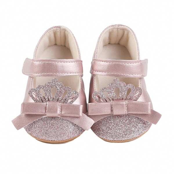 0-18Months Baby Girls Mary Jane Flats Glitter Crown Bow Dress Shoes Non-Slip Newborn Crib Shoes