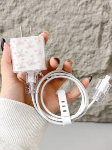 Phone Case 5 Pieces Transparent Airbag Pink Border Heart-Shaped Pink Bow Printed Phone Case+20W Charger Protective Case+Data Cable Protection/Storage - Compatible With IPhone 14, 15, 13, 12, 11 X/XS XR XSMAX 16/16 Pro/16promax 12/13mini Waterproof Shockproof Anti-Fall Scratch Resistant