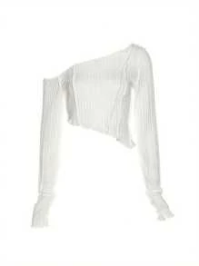 Women Crop Tops, Sexy Long Sleeve Irregular Neck Solid Slim Ladies Tops For Club Party - White - View 3
