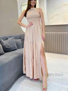 Elastek Elegant Slit Halter Neck Long Dress - Cream - View 2