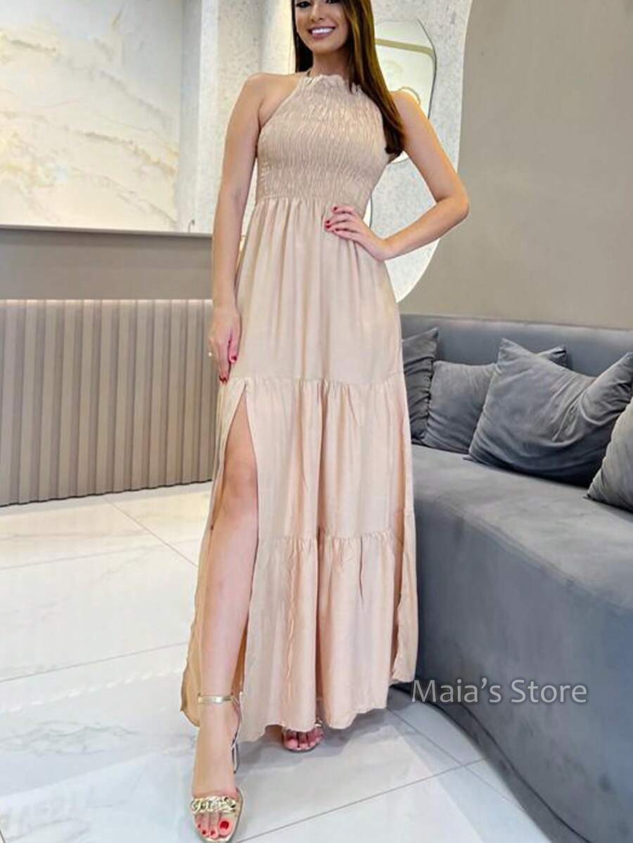 Elastek Elegant Slit Halter Neck Long Dress - Cream - View 1
