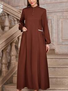 Spring & Winter Clothes Women's Simple Style Solid Color Lantern Sleeves Modest Dress, Style Long Elegant Elegant Fashionable Daily Dress - Coffee Brown - View 7