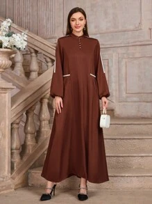 Spring & Winter Clothes Women's Simple Style Solid Color Lantern Sleeves Modest Dress, Style Long Elegant Elegant Fashionable Daily Dress - Coffee Brown - View 6