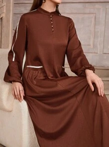 Spring & Winter Clothes Women's Simple Style Solid Color Lantern Sleeves Modest Dress, Style Long Elegant Elegant Fashionable Daily Dress - Coffee Brown - View 8