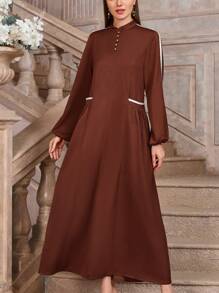 Spring & Winter Clothes Women's Simple Style Solid Color Lantern Sleeves Modest Dress, Style Long Elegant Elegant Fashionable Daily Dress - Coffee Brown - View 3