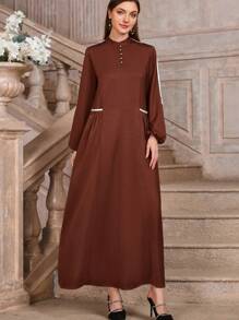 Spring & Winter Clothes Women's Simple Style Solid Color Lantern Sleeves Modest Dress, Style Long Elegant Elegant Fashionable Daily Dress - Coffee Brown - View 5