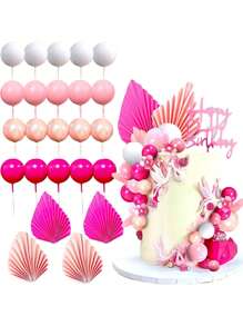 5 - 29 Stück bunte Schaumstoffkugeln als Kuchendekoration, bohemian-stil Kuchendekoration, imitierte Palmblatt-Papier-Fächer als Kuchendekoration, Serien in Blau, Pink, Gelb, Grün oder Lila, geeignet für Taufe, Gender-Reveal-Party, Geburtstag, Rentnerparty, Junggesellinnenabschied für Männer und Frauen, Hochzeitstorte, Valentinstag, vielfältige thematische Kuchendekoration