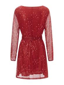 S Sequin Party Dress, Sparkle Long Sleeve Round Neck Short Cocktail Dress With Belt - Red - View 4