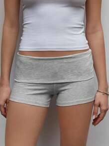 Women Y2k Fold Over Shorts Striped/Plaid/Solid Color Low Rise Stretch Lounge Shorts Boy Shorts Slim Fit Pajamas Bottoms Micro Shorts Sleepwear Summer Going Out Yoga Shorts Daily Casual Wear - 灰色 - 查看 1