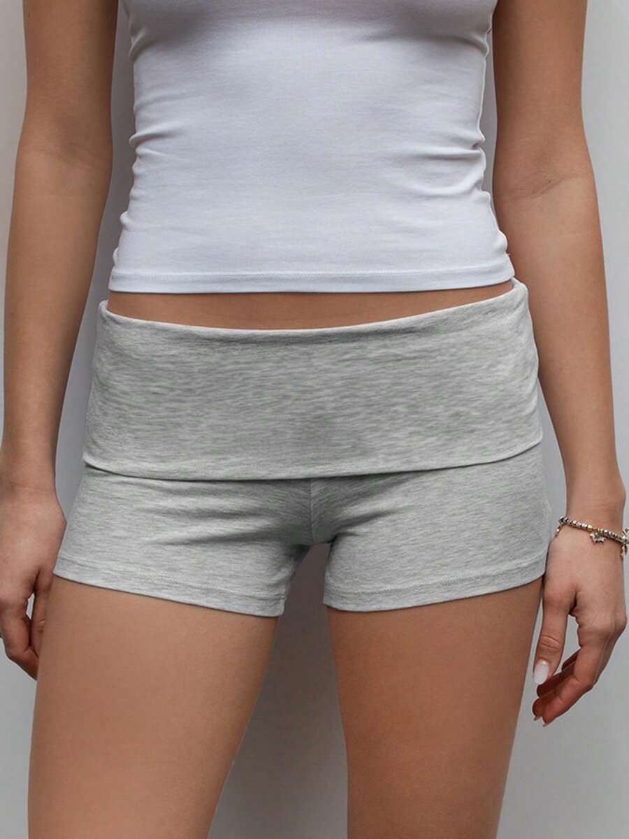 Women Y2k Fold Over Shorts Striped/Plaid/Solid Color Low Rise Stretch Lounge Shorts Boy Shorts Slim Fit Pajamas Bottoms Micro Shorts Sleepwear Summer Going Out Yoga Shorts Daily Casual Wear - 灰色 - 查看 1