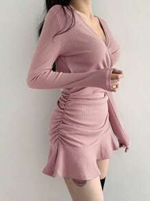 Cuello en V de color sólido de las mujeres de manga larga Ruffle Hem Sexy Casual Vestidos - Rosa - Ver 4