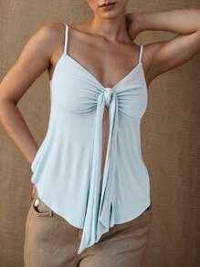 Women's Front Split Cami Tops Sleeveless Spaghetti Strap Tie Knot Camisole Slim Fit Shirts - Blue - View 3